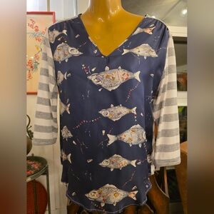 Vilagallo Navy Fish Print Long Sleeve Top Size 36